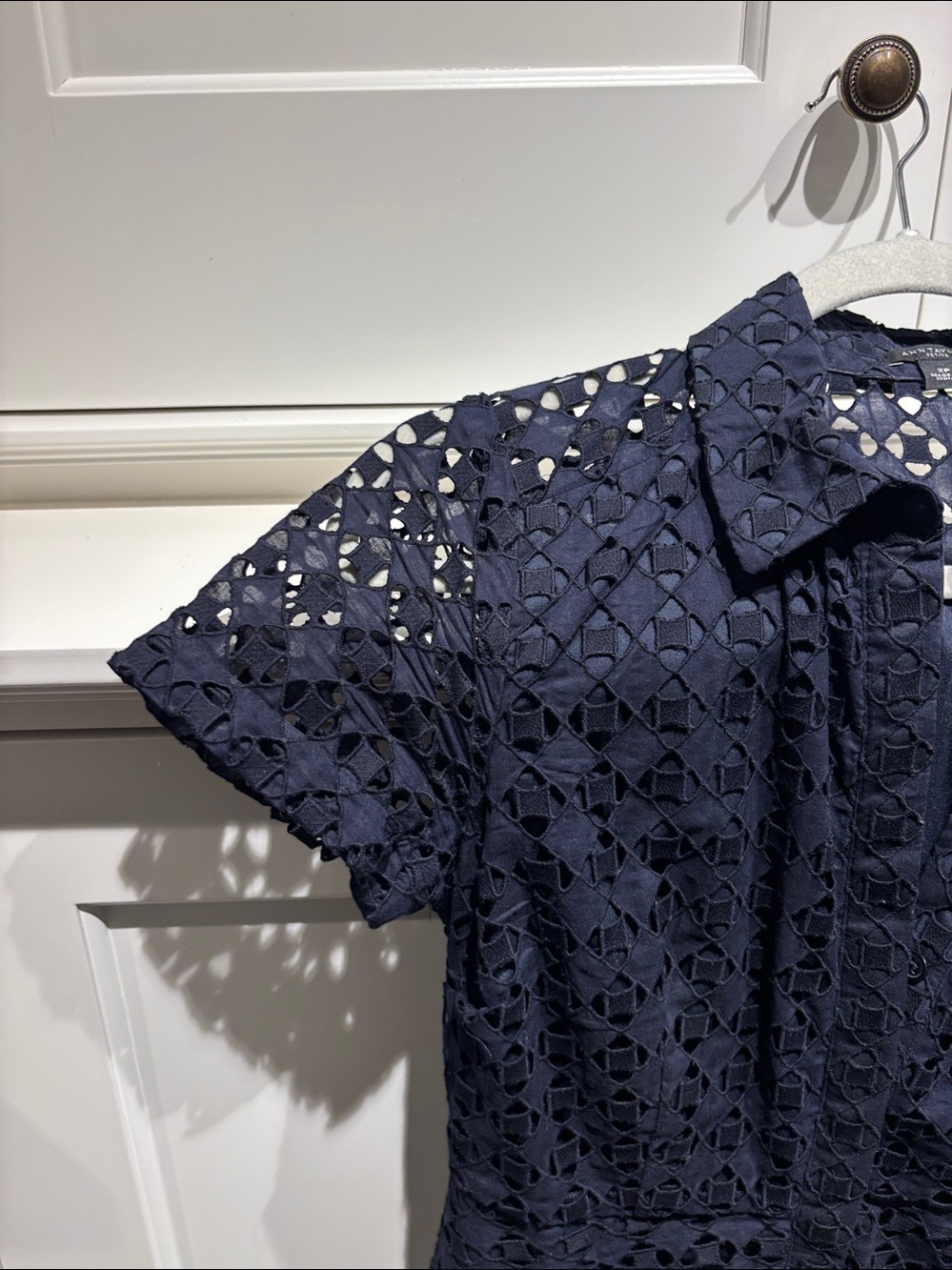 Ann Taylor Navy Eyelet Shirt Dress - Short Sleeve MIDI - Picture 4 of 5